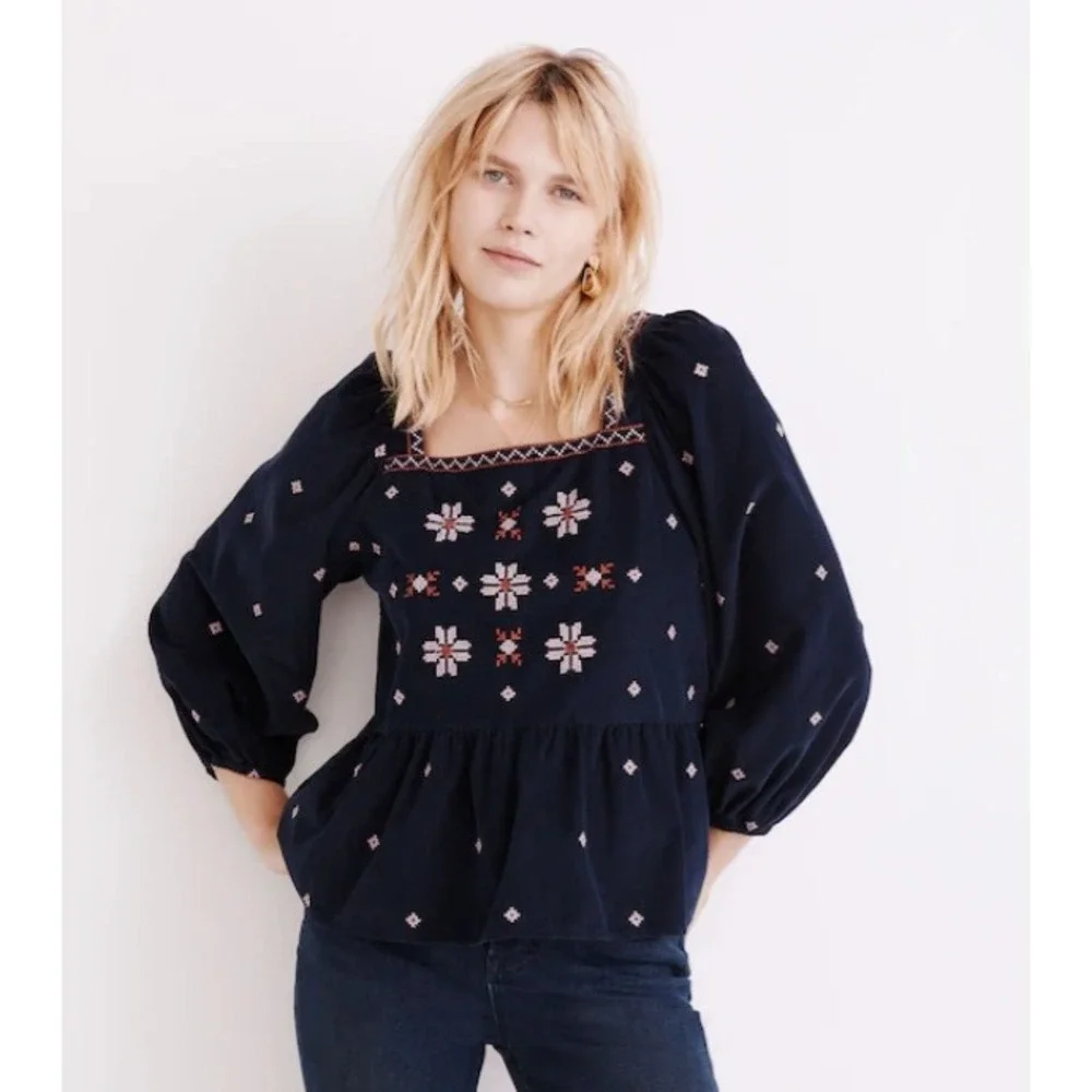 Madewell Embroidered Corduroy Peplum Blouse Navy Large